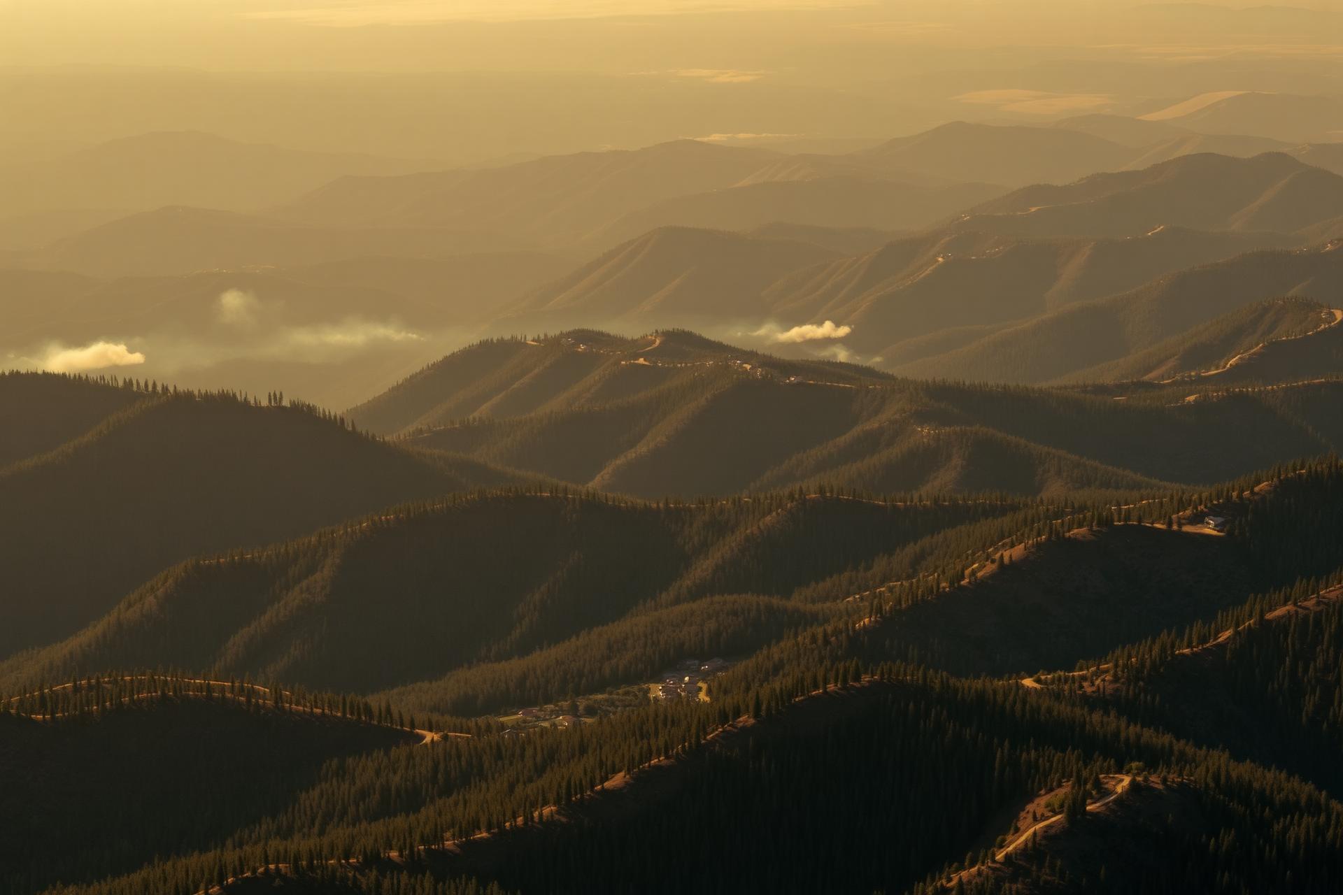 High-altitude aerial view of forested wildfire country at dusk